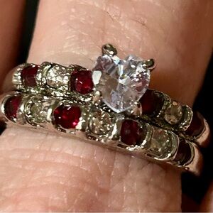 Elegant Silver and Red Gemstone Ring Set